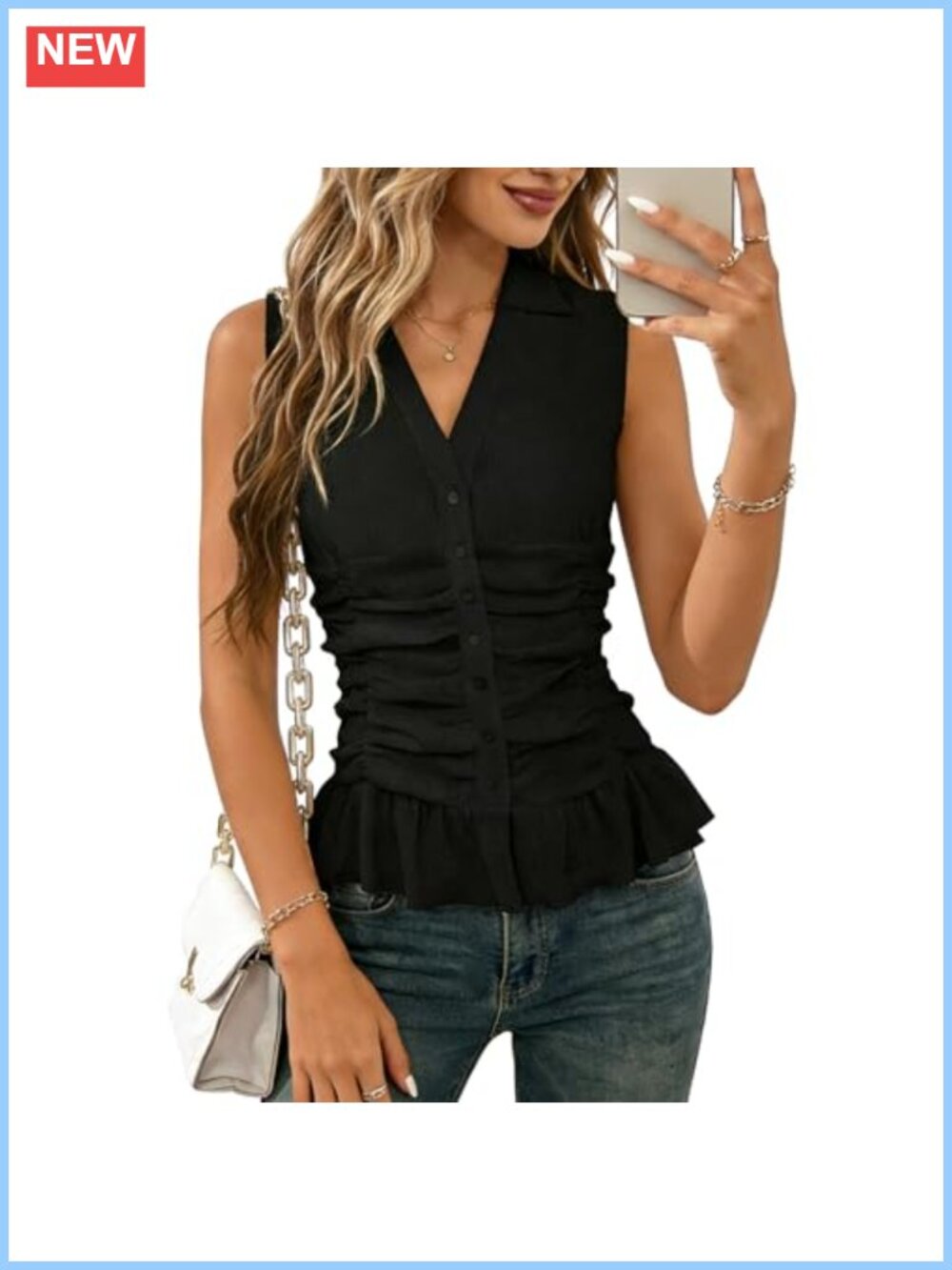 EUOW Women Sleeveless Button Up Ruffle Peplum Blouse V-Neck Tank Top